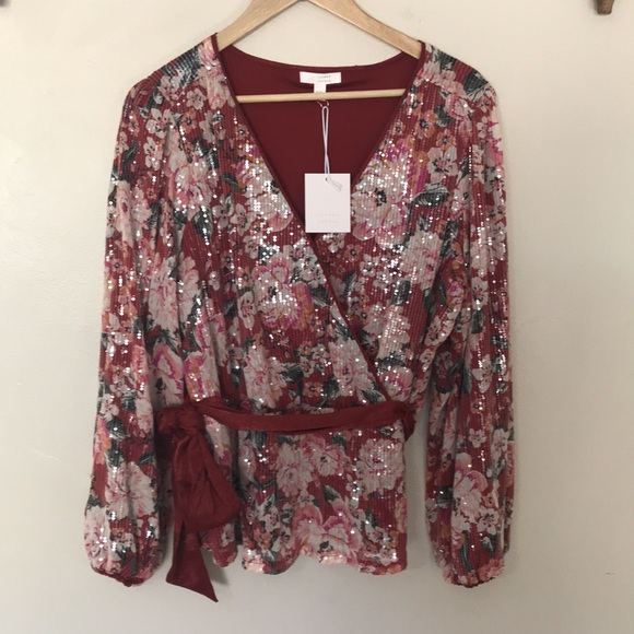 NEW LC Lauren Conrad Sequin Puff Sleeve Wrap Top - Picture 3 of 8